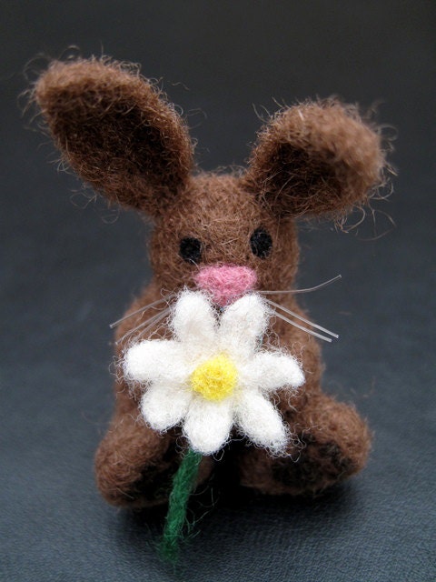 Miniature Brown Rabbit Sculpture Holding a Daisy, Needle Felted Wool Bunny with Flower, Felted Animal for Charity