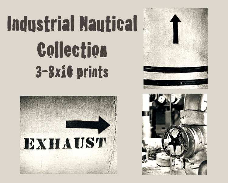 Nautical print set industrial wall art vintage battleship nautical wall decor boys room black white gray art