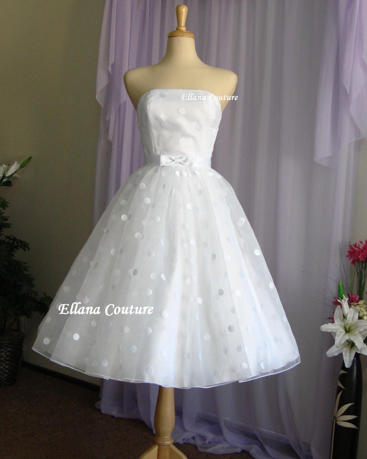 READY TO SHIP. Faye - Vintage Style Polka Dot Wedding Dress. Tea Length.