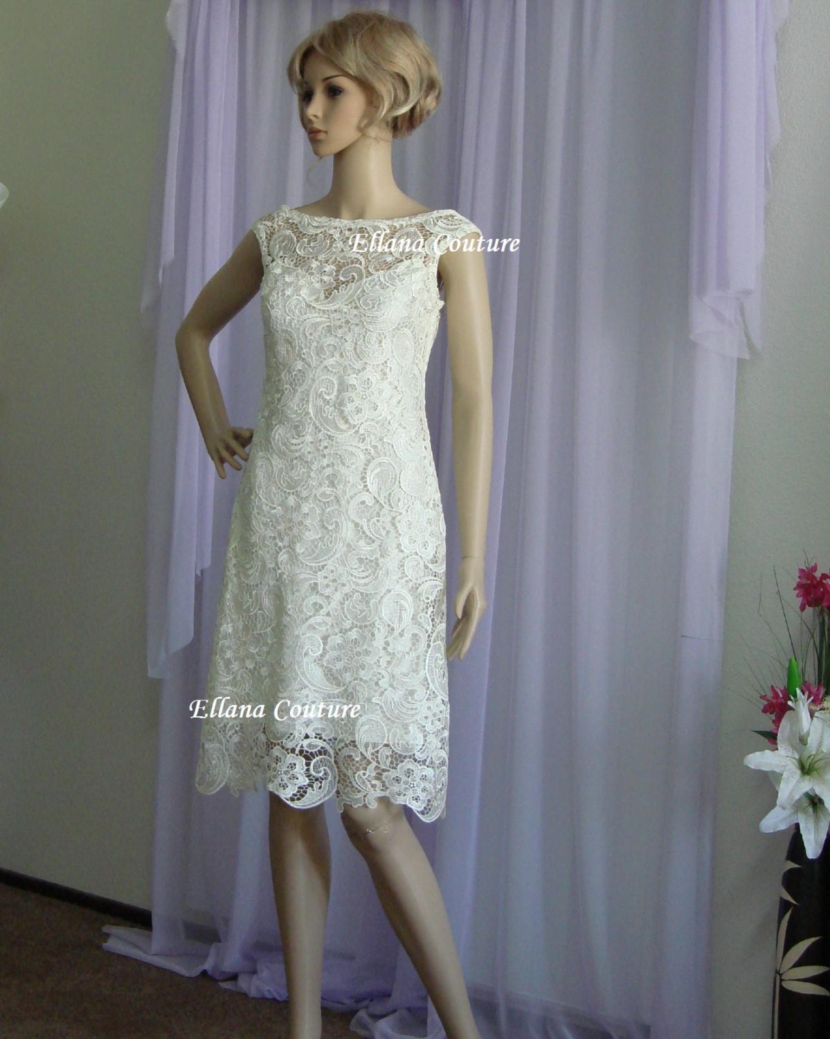Chloe - Vintage Inspired Lace Wedding Dress. Knee Length.