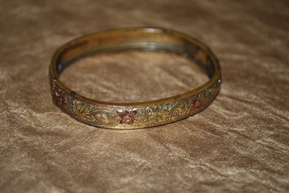 Antique 1900's Victorian Little Girl's Brass Embossed and Etched Rose Floral Bangle Cuff Bracelet