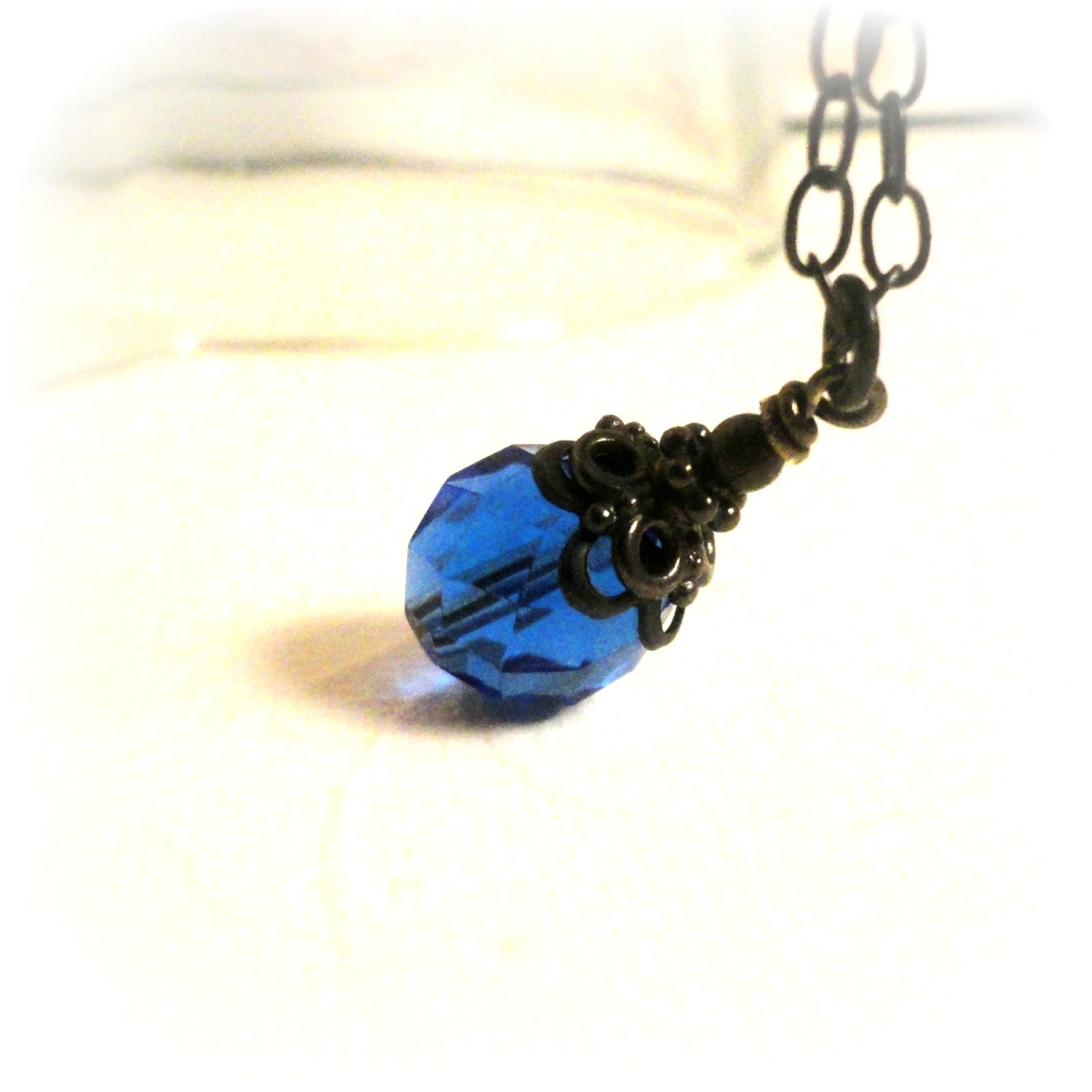 Dark Blue Necklace Cobalt Blue Czech Glass Blue Pendant Necklace Victorian Black and Blue Jewelry