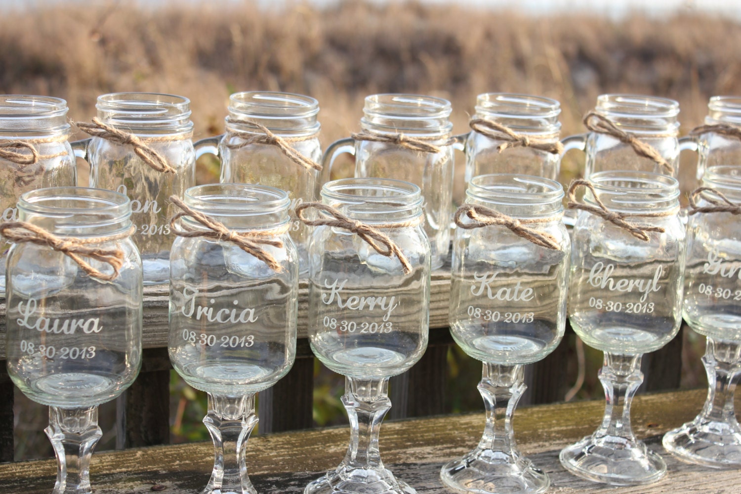 18 Mason jars, 9 Redneck Wine Glasses , 9 mason jar mug Set, Engraved