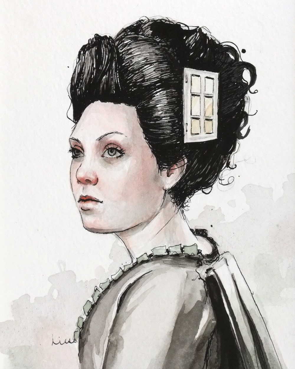 A Room With a View" study-- signed (8x10)  Print of an Original Ink and Watercolor Painting by Liese Chavez