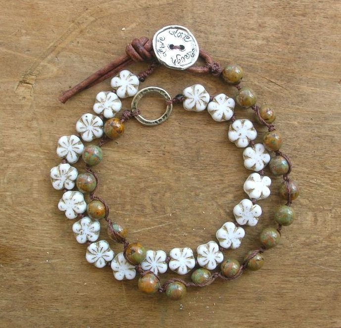 Boho knotted bracelet, country chic boho sundance 'Live Love Laugh' artisan silver bronze, leather, daisy bohemian jewelry, moss green