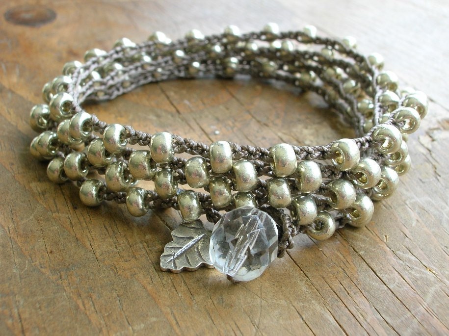 Silver crochet wrap bracelet, Bohemian jewelry Hill Tribes silver charm, leaf, metallic layer necklace, southwestern rustic boho chic