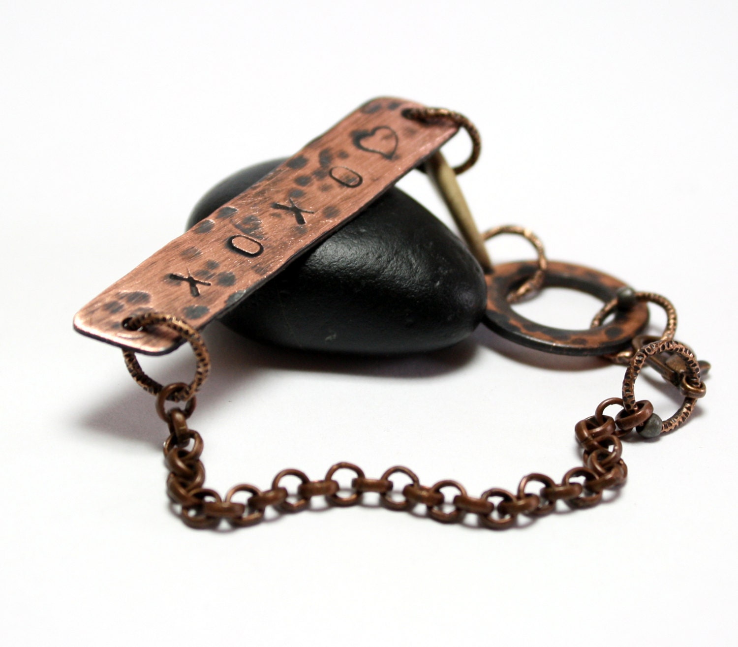 Hand Stamped Jewelry Bracelet with Oxidized Hammered Copper and Beach Stone Drilled by Allybeans
