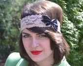 Black and Tan Stretch Lace Headband with Sparkly Black Sequin Bow by Jill's Boutique on Etsy