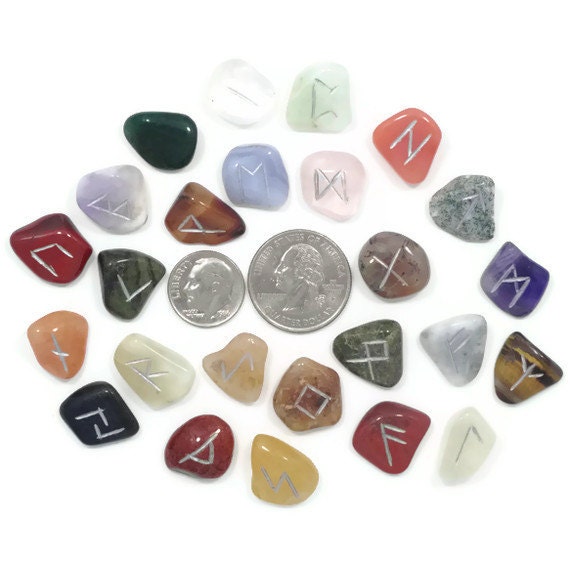 Mini Mixed Stones Rune Set Hand Carved Elder Futhark With Manual & Pouch