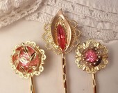 Vintage Pink Rhinestone Lacy Bridal Hair Pins, TRUE VINTAGE Jeweled 22K Gold Plated Heirloom Hair Clips Set of 3