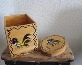 Vintage handpainted rooster box & matching burger press
