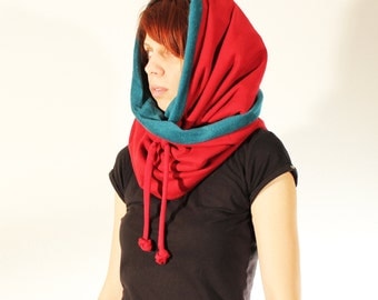 Red Hooded Cotton Scarf, Shawl with Strings and Teal Fleece Lining