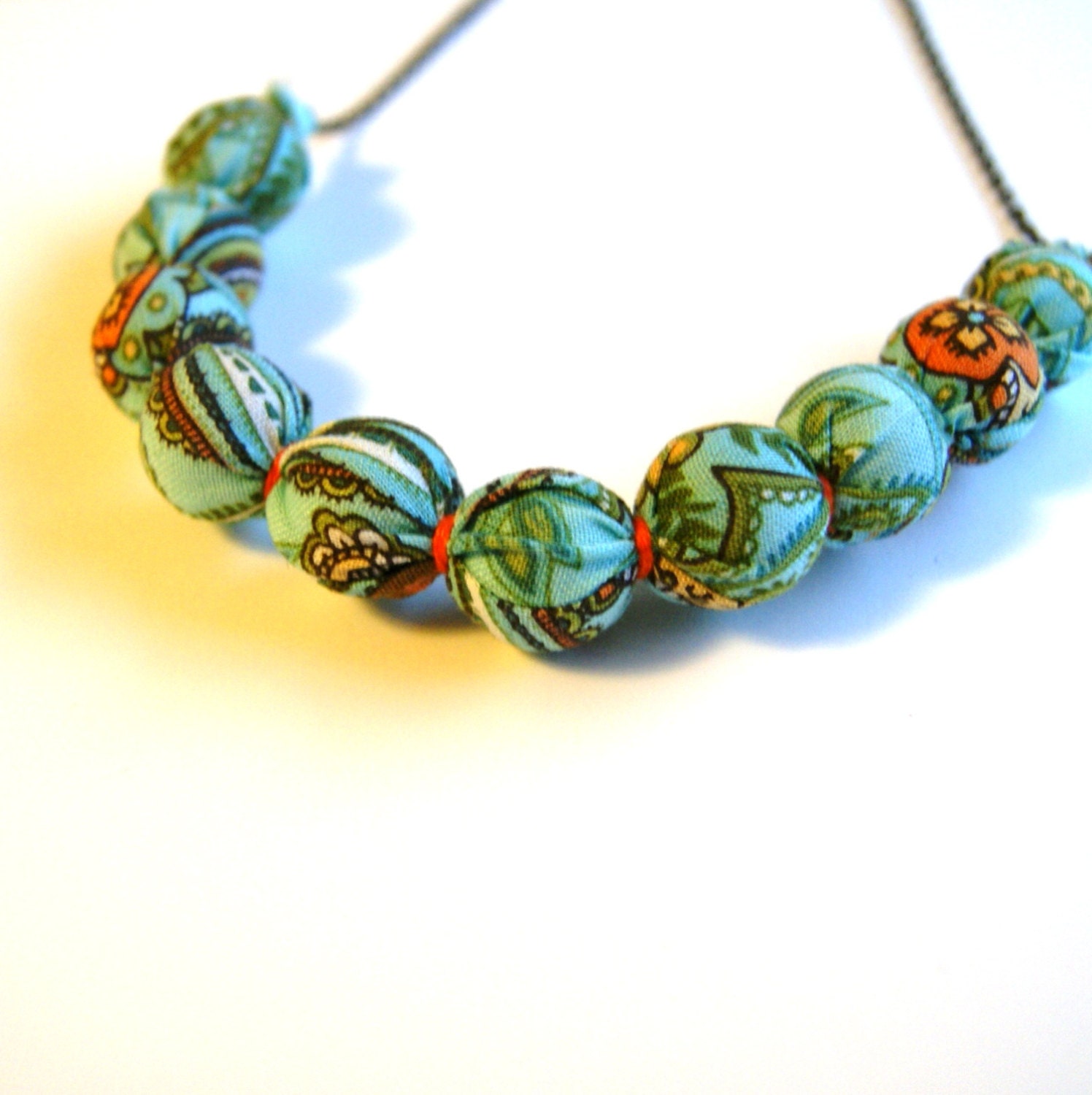 SALE - Blue and Orange Fabric Wrapped Beaded Necklace