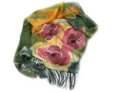 Hand Painted Long Silk Scarf with Fringes, Poppy Flowers, Green, Yellow