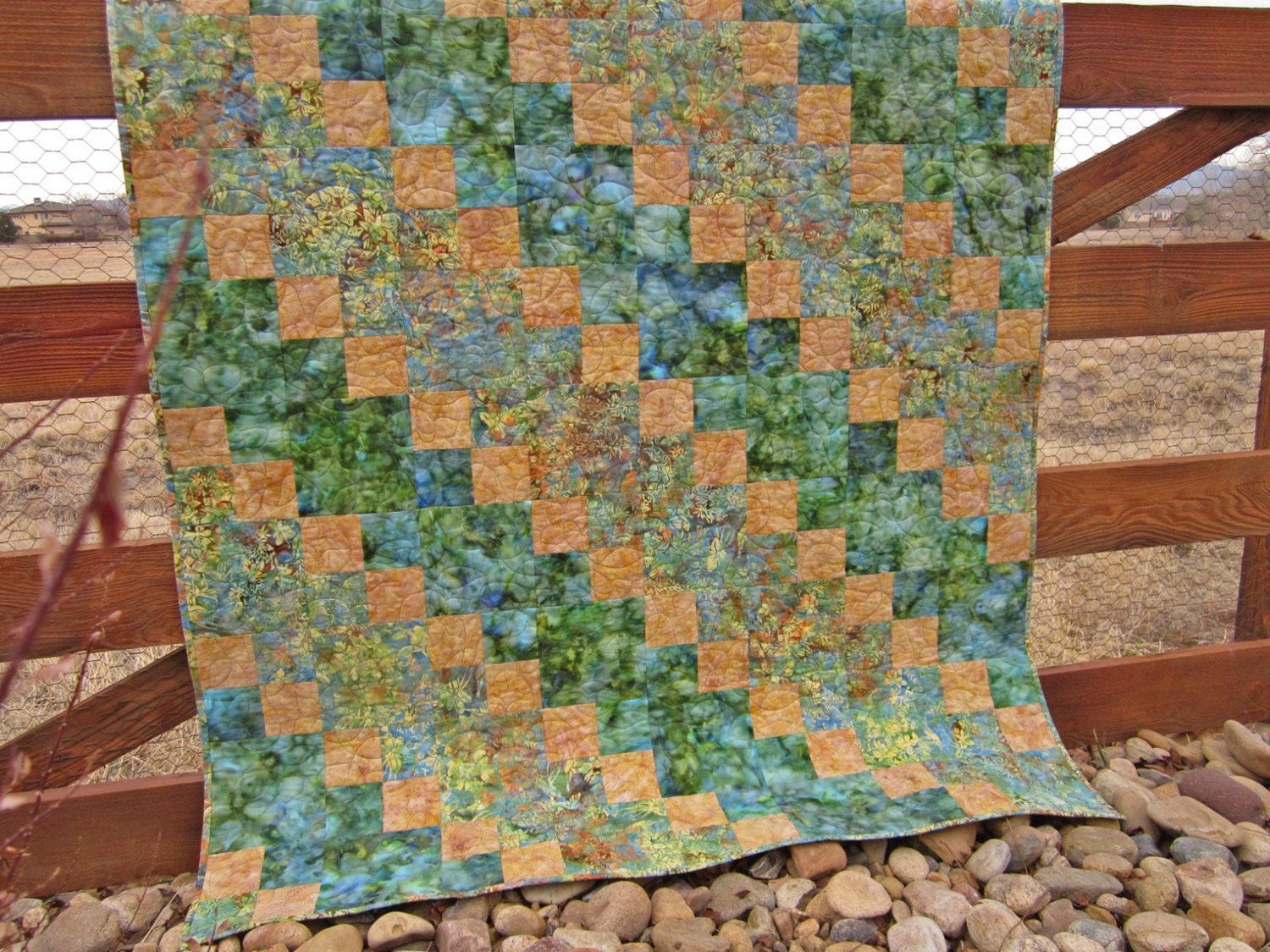 Handmade Batik Quilt Meadows, Patchwork Quilt, Lap Quilt