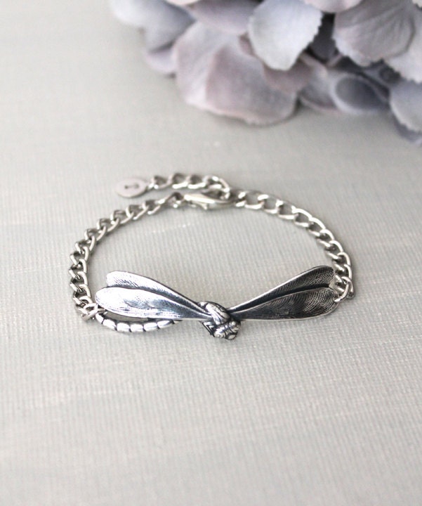 Dragonfly Bracelet. sterling silver oxidized dragonfly with initial monogram, mother's day gift