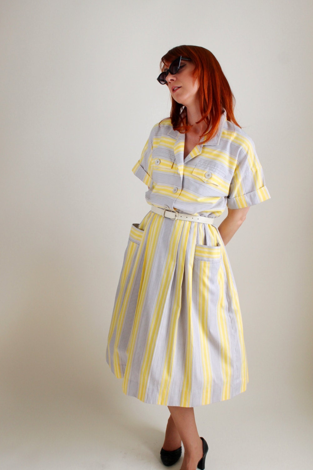 80s Does 50s Yellow Gray stripes Shirtdress. Day Dress. Nautical. Office. Summer Dress. Size Large