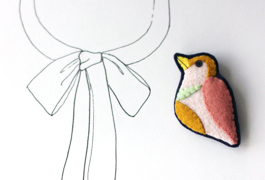 Bird Brooch Felt Pin - Colorful Peach Mustard Mint Colorblock - myhideaway