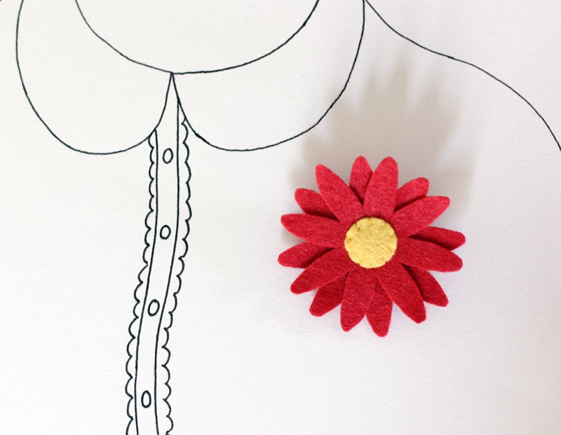 Spring Daisy - Felt Flower Brooch Pin - Red Flower