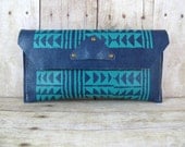 Aztec, Tribal Print Leather Clutch, Denim Blue and Aqua