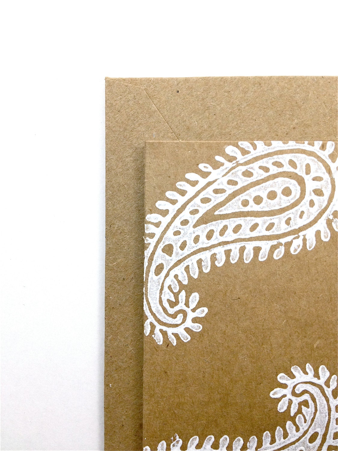 White Paisley Note Cards - Blank Gift Cards - Handmade -  Brown Kraft Card Stock - Old Indian Wood Block Print - Set of 5