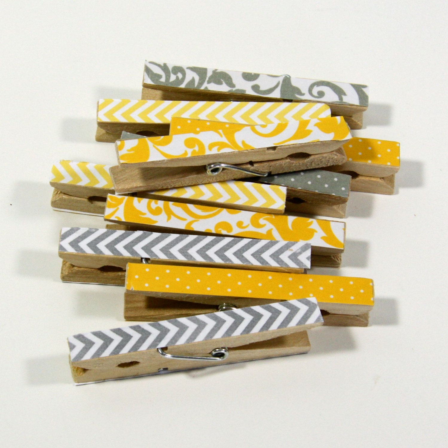 Clothespins.  Set of Ten. Mixed Grey and Gold, Yellow