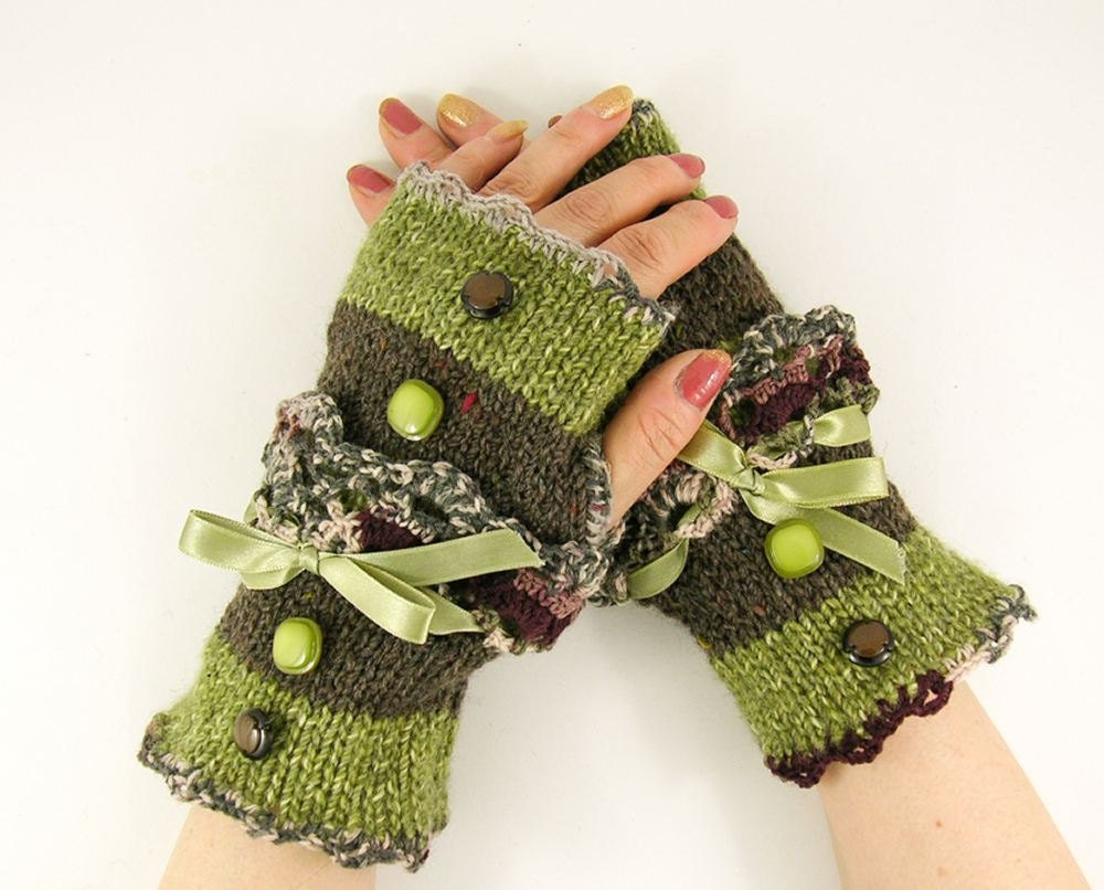 Knit fingerless gloves arm warmers fingerless mittens women sage green and olive brown tweed lace romantic victorian