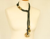 Skinny scarf lariat necklace scarf necklace cotton jersey ceramic long grey brown vegan upcycled recycled tagt team