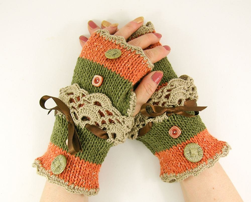 Knit fingerless gloves arm warmers fingerless mittens women olive green and orange tweed lace romantic victorian