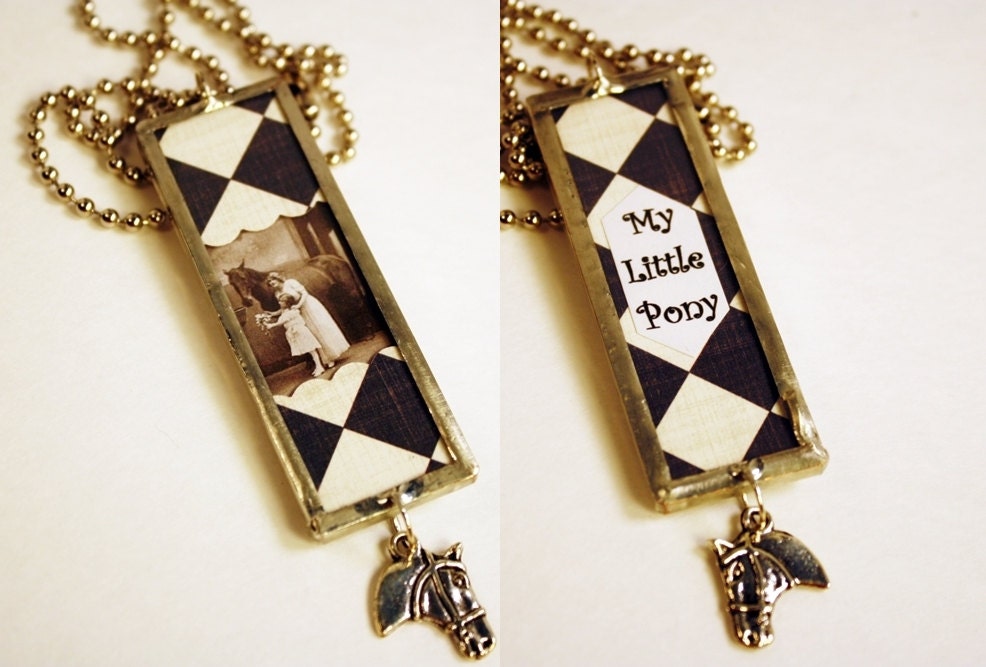 Mother Daughter and Horse Pendant Necklace, Black and White, Horse Pendant, 'My Little Pony' on Reverse