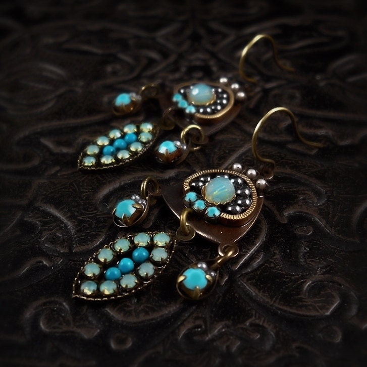 Interlude - Micro Mosaic Earrings - Unique Artistic Blue Turquoise Aqua Earrings - Boho Wedding - Bridesmaid - Swarovski, Antique Brass
