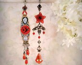 Mosaic Garden 7 - Asymmetric Mismatch Earrings, Burnt Orange Vintage Italian Micro Mosaic, Romantic Red, Bohemian Garden Wedding, Flower
