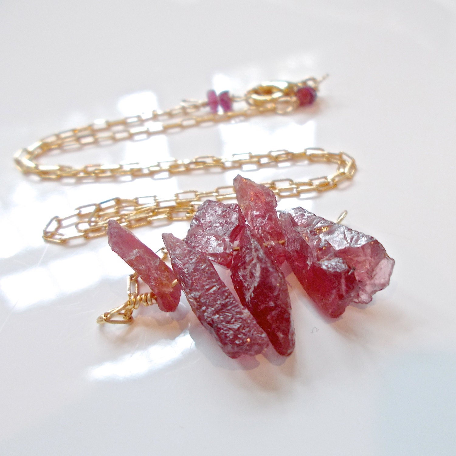 Pink Chunk Tourmaline Points Pendant Necklace, Natural Gemstones, Gold Filled Chain, Earthy Elegance. Rustic Rock Jewelry