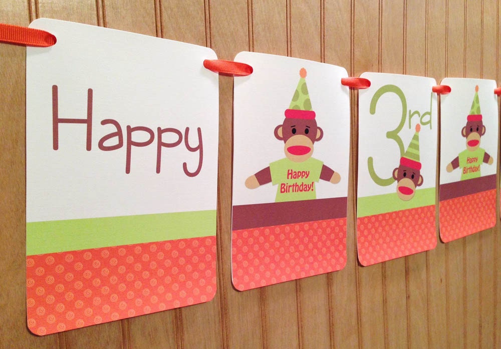 Party Time Sock MONKEY Happy Birthday Banner : personalized Il_570xn