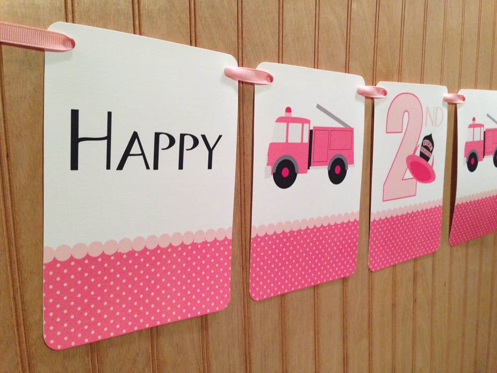Pink FIRE TRUCK Birthday Banner for Girls : Personalized Il_570xn