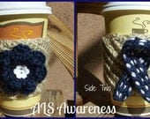 ALS Awareness Crochet To Go Travel Khaki Coffee Cup Cozy Sleeve with Navy Blue & White Ribbon and Flower