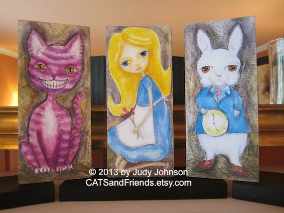 mixed media, alice in wonderland, fantasy art print  -- S E T of  3 -- M A D E . T O . O R D E R  -- 8" x 3.5" --
