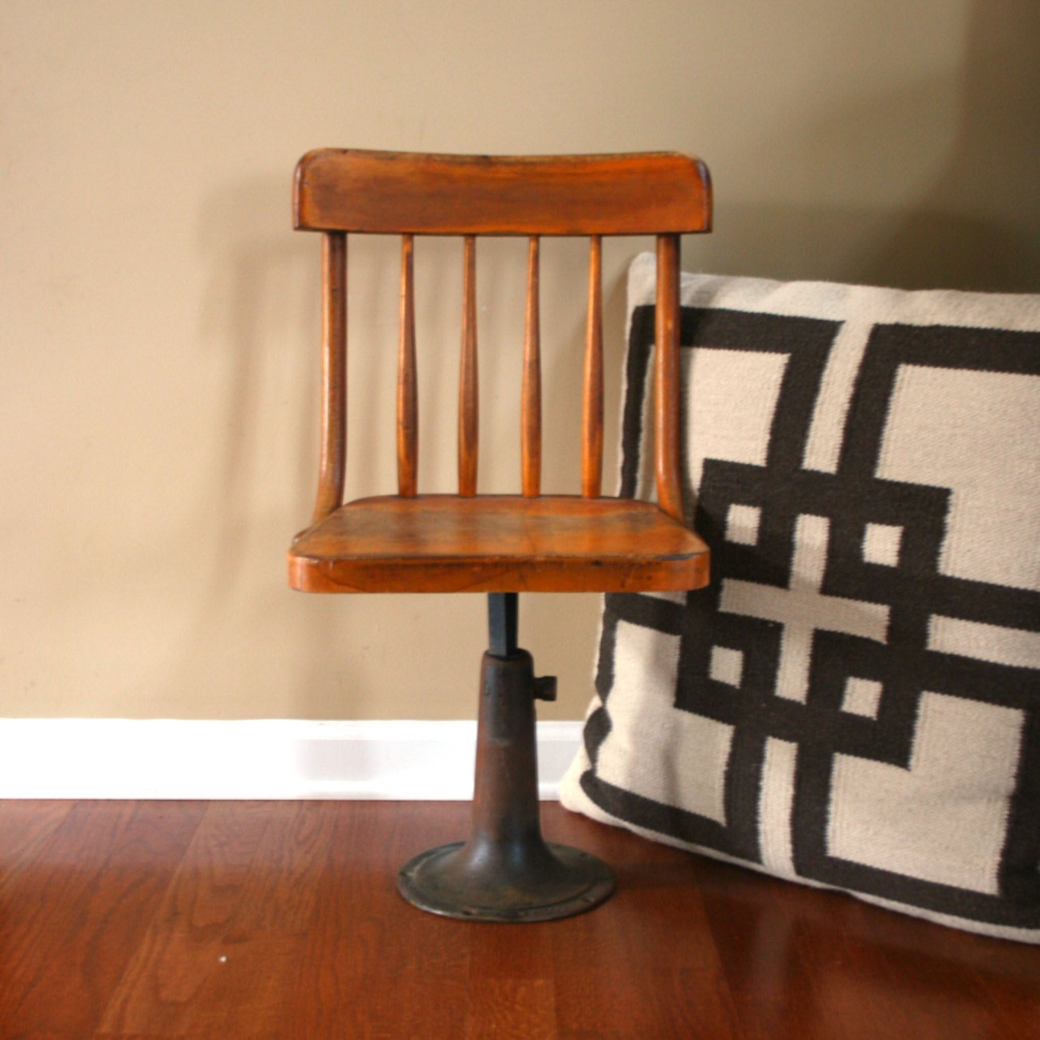 Antique Childs Desk Chair. Industrial Furniture Home Decor. Adjustable Iron Base. Childrens. Wood. Wooden. Metal. Rustic. Primitive.