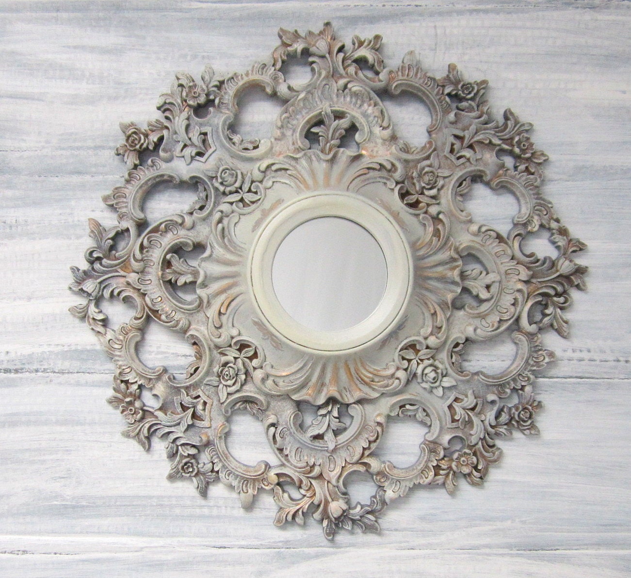 DECORATIVE VINTAGE MIRRORS For Sale Gray Ornate Round Oval Modern Mirror Wall Decor 19" Circular Ornate Decorative Accent Wall Mirror