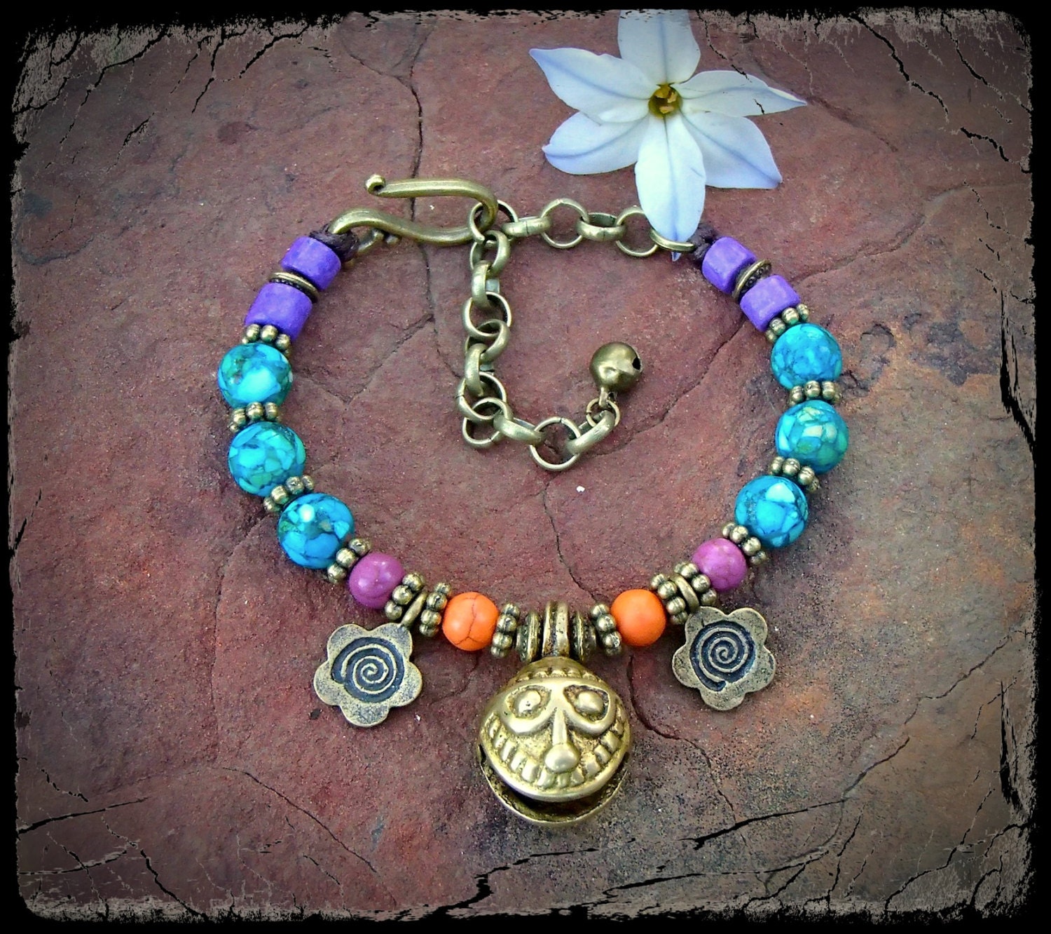 GYPSY BRACELET brass jingle bell charm PURPLE Orange Hippie bracelet Smiley Face stackable bracelet Gypsy beaded bracelet nomad jewelry