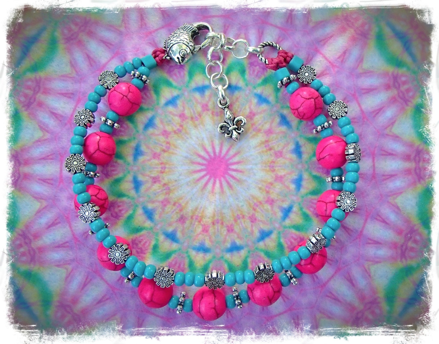 Hawaii ANKLE Bracelet HOT PINK anklet beaded Neon Anklet Howlite Boho jewelry anklet Wedding foot jewelry Fish Fleurdelis Summer