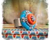 TURQUOISE mandala FLOWER Ring stone mosaic RING Southwestern ring Adjustable ring Cowgirl ring Large statement ring Festival ring