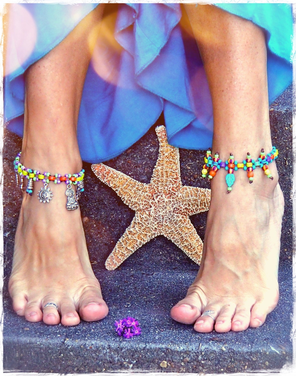 Tribal Charm ANKLE Bracelet RAINBOW beaded Anklet BOHO jewelry stackable anklet barefoot sandals foot jewelry barefoot Hippie Sun Leaf
