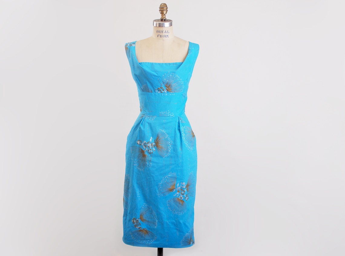 Vintage 50s Blue Alfred Shaheen Surf N Sand Shelf Bust Wiggle Dress