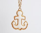 Vintage 60s 70s Gold Metal & White Resin Anchor Pendant Necklace