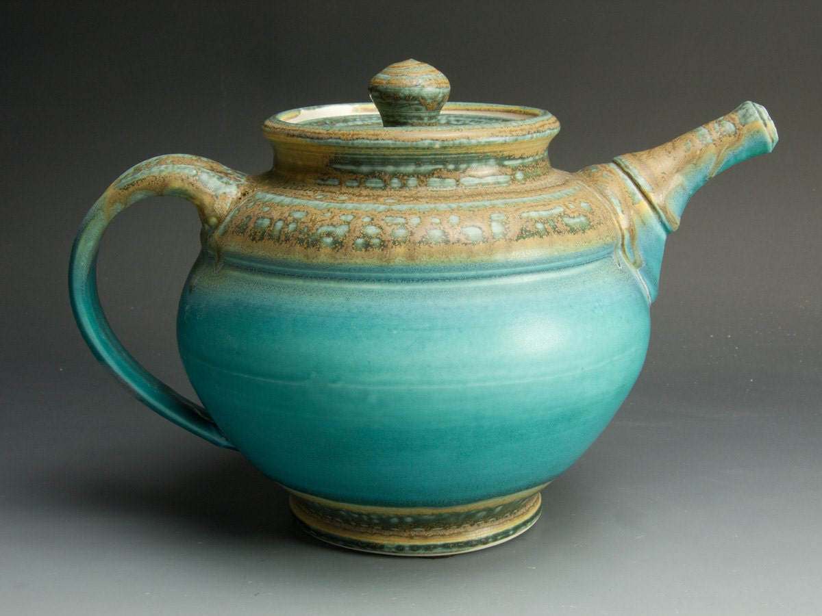 Handmade porcelain 8 cup turquoise blue teapot - 1028