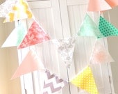 9 Feet Banner, Bunting, 21 Fabric Pennant Flags, Emerald, Peach, Mint, Grey, Yellow, Coral, Wedding Decor, Photo Prop, Baby Nursery Decor