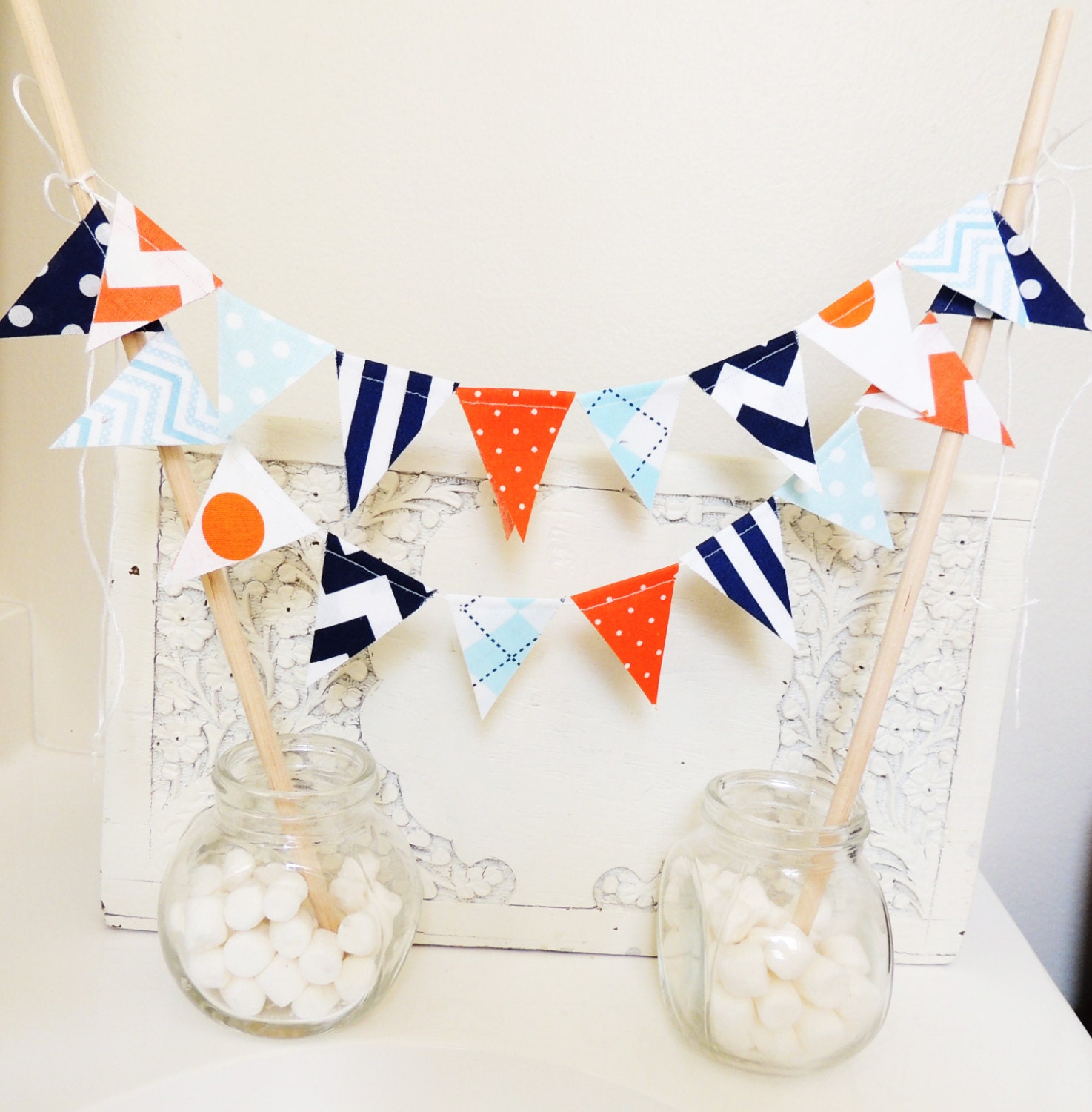 Mini Party Cake Bunting, Flags, Banner, Chevrons, Polka Dots, Argyle, Orange, Light Blue, Navy, Grey, Summer Wedding, Boy Birthday Party