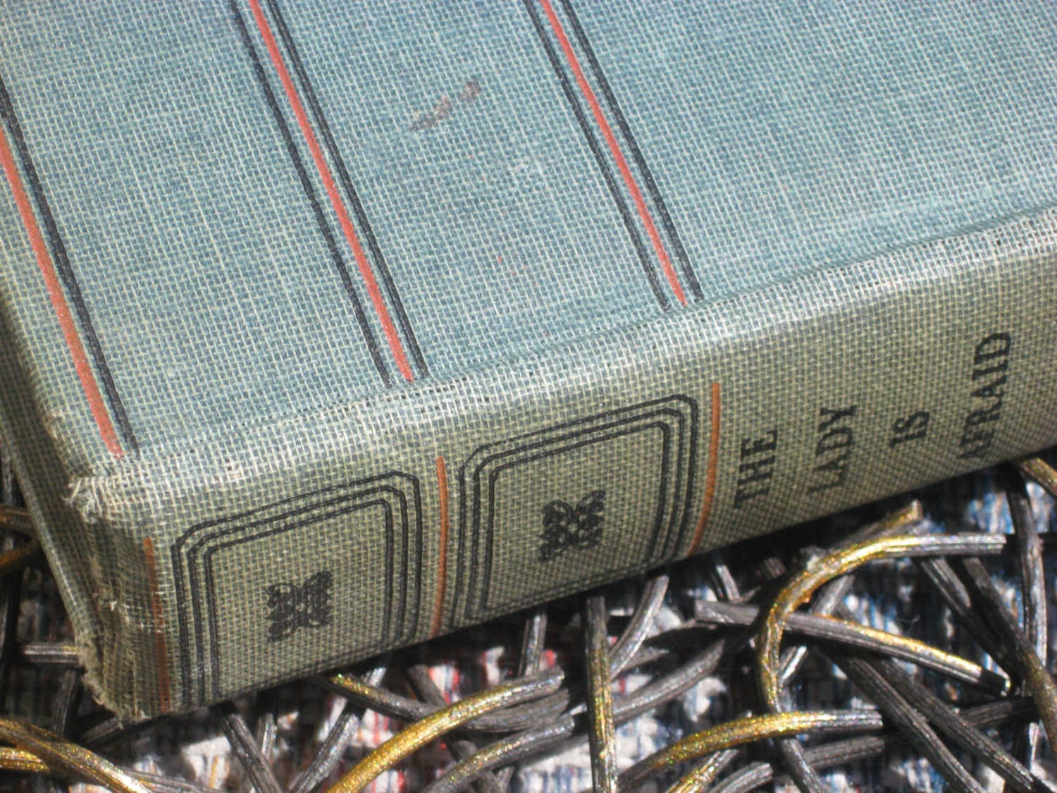 Vintage Book, The Lady is Afraid 1940 mystery, shabby, striped cover
