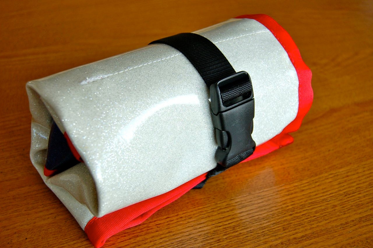 Mega Tool Roll- Bass boat White with Red Trim - Bass boat blue stripe - Tan lining